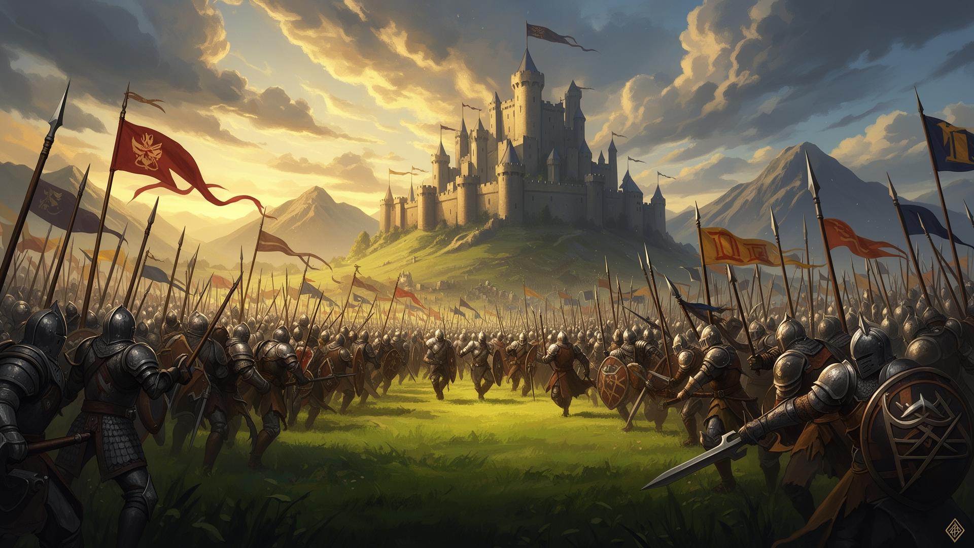 Albion Online warband marching on a castle at dusk under golden banners